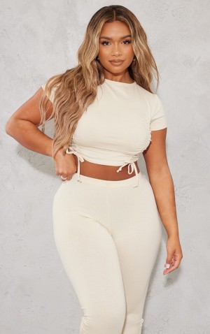 Tricouri Pretty Little Thing Shape Stone Bumbac Ruched Cropped Gri | FQRB62148