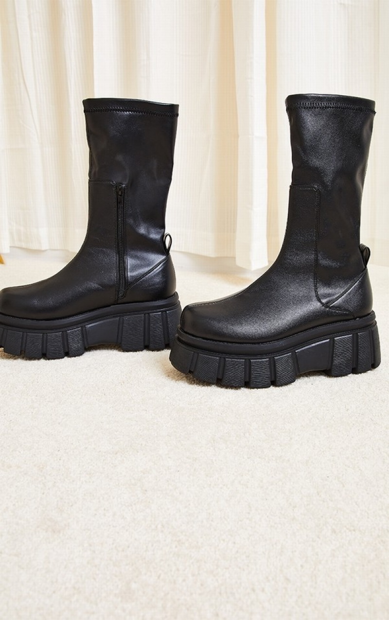 Balerini Pretty Little Thing Large Clets Extra Grosolan Sole PU Sock Negrii | YKPH24681