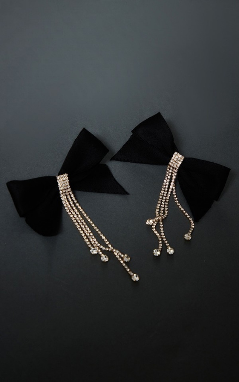 Bijuterii Pretty Little Thing Bow Diamante Drop Statement Negrii | ZVYN54168