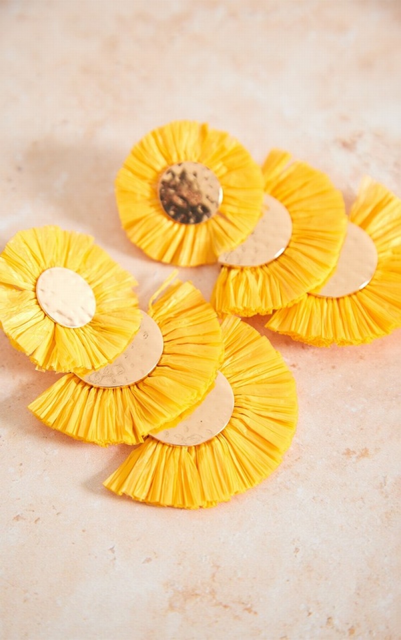 Bijuterii Pretty Little Thing Bright Yellow Raffia Tassel Extreme Flower Statement Galbeni Deschis | YHZB64983