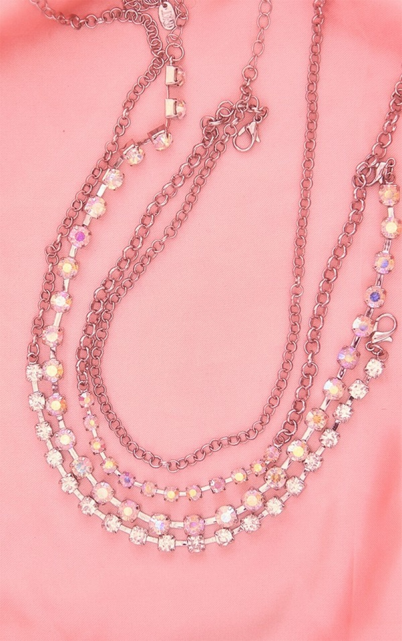 Bijuterii Pretty Little Thing Diamante LayeChain Choker Argintii | LAOV62138