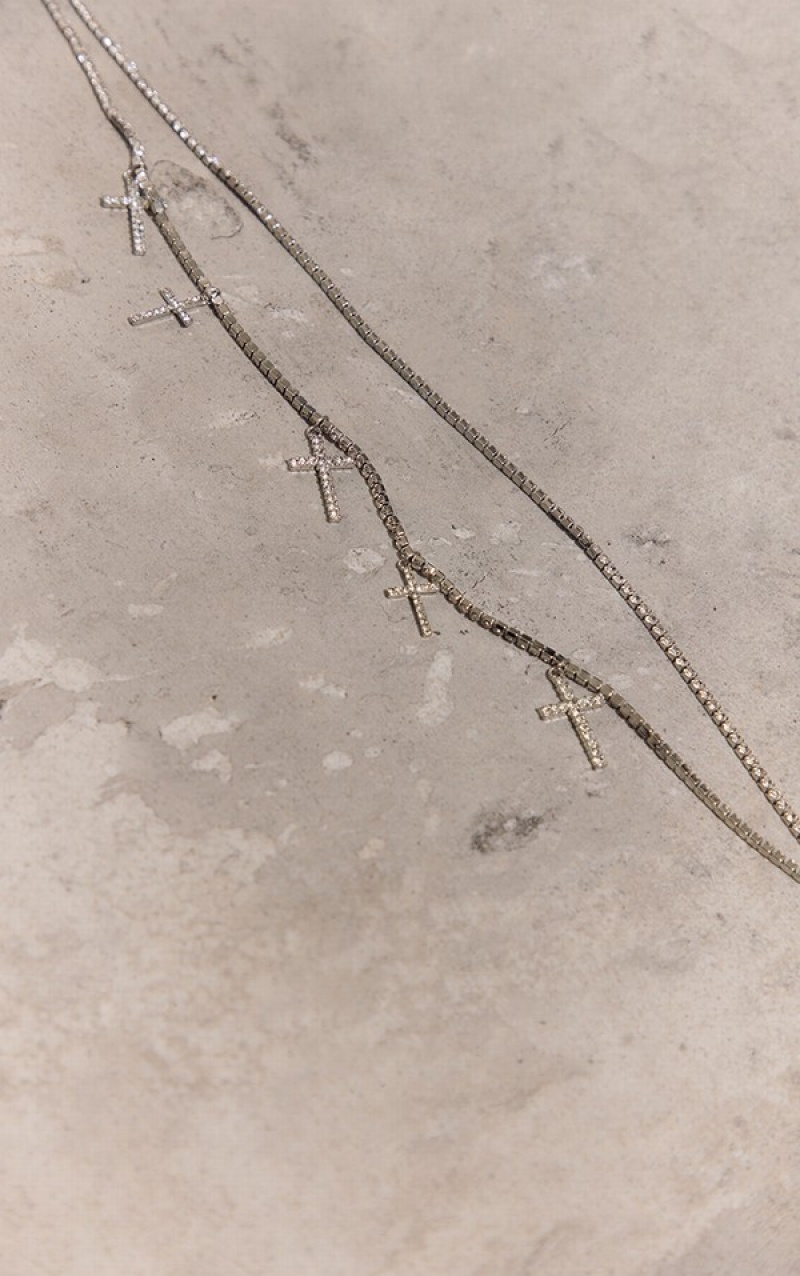 Bijuterii Pretty Little Thing Diamante Large Cross Belly Chain Argintii | ABTH53047