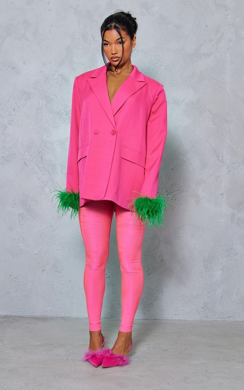 Blazere Pretty Little Thing Bright Contrast Feather Cuff Detail Oversized Roz Deschis | BGPI34526