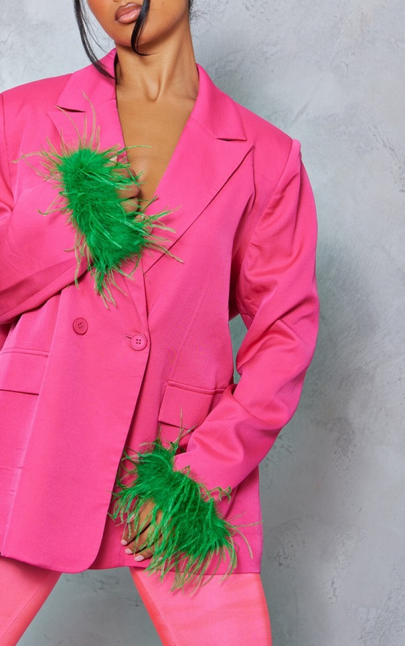 Blazere Pretty Little Thing Bright Contrast Feather Cuff Detail Oversized Roz Deschis | BGPI34526