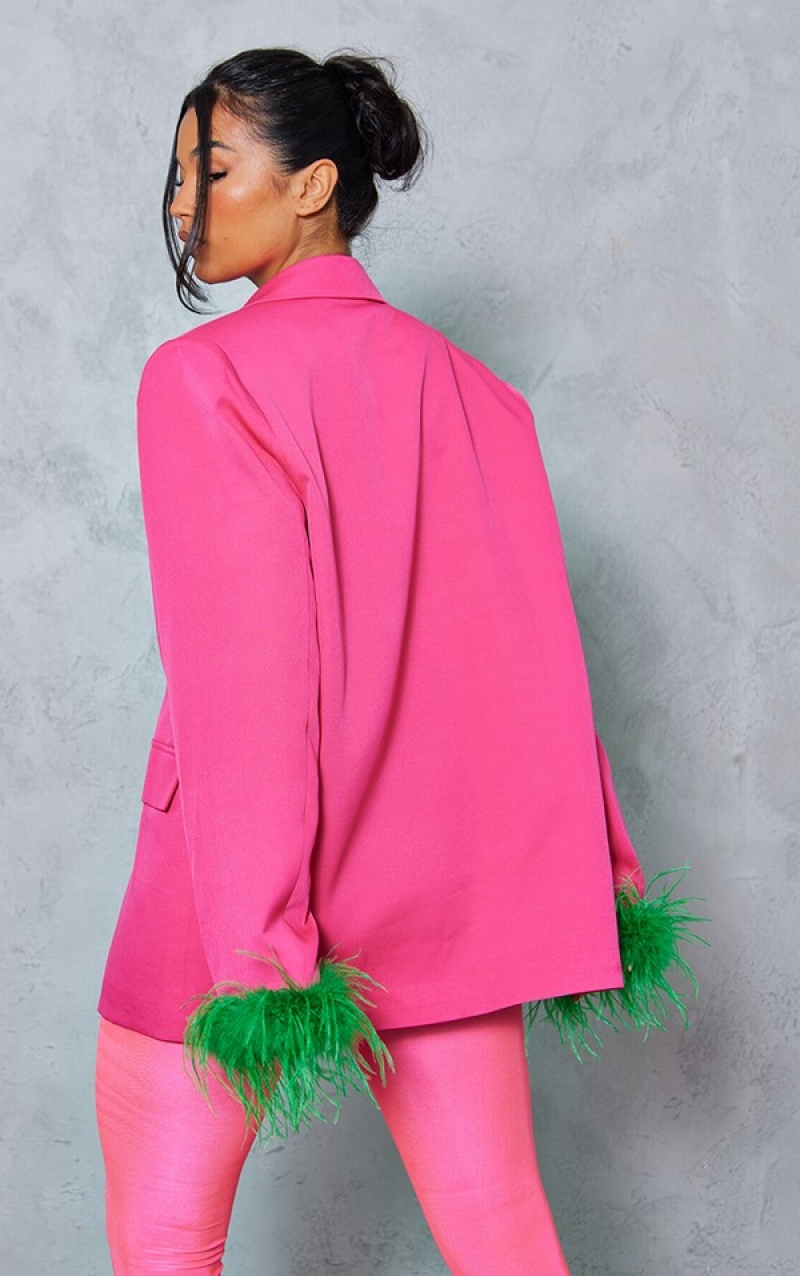 Blazere Pretty Little Thing Bright Contrast Feather Cuff Detail Oversized Roz Deschis | BGPI34526