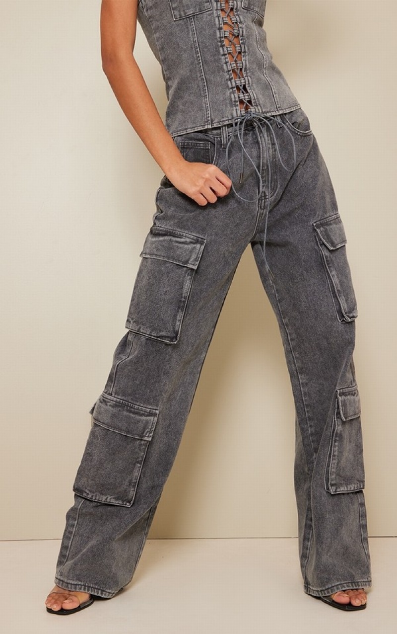 Blugi Pretty Little Thing Acid Wash Cargo Pocket Detail Slim Largi Leg Gri | AWZQ34908