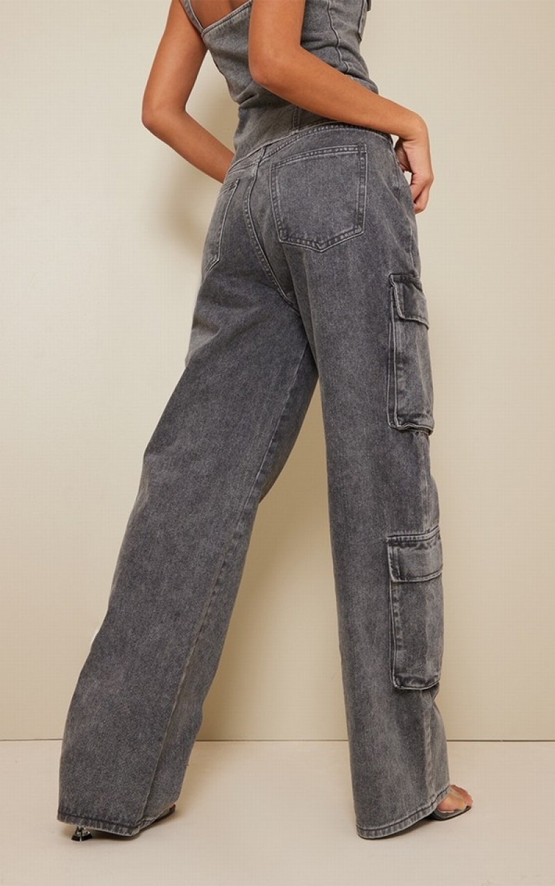 Blugi Pretty Little Thing Acid Wash Cargo Pocket Detail Slim Largi Leg Gri | AWZQ34908