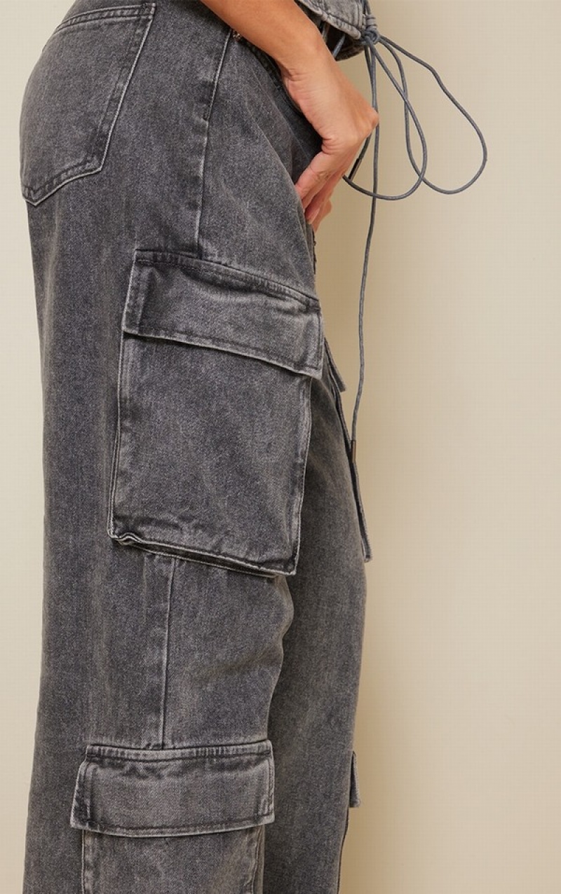 Blugi Pretty Little Thing Acid Wash Cargo Pocket Detail Slim Largi Leg Gri | AWZQ34908