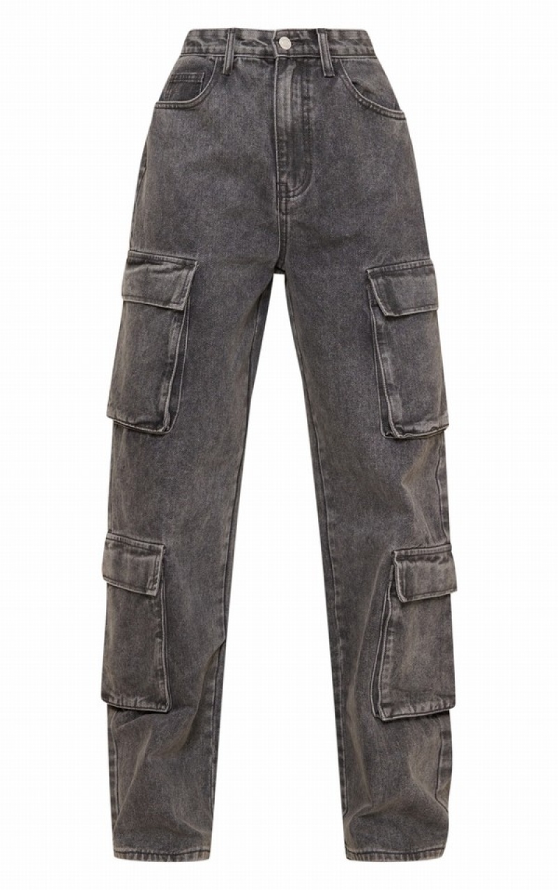 Blugi Pretty Little Thing Acid Wash Cargo Pocket Detail Slim Largi Leg Gri | AWZQ34908