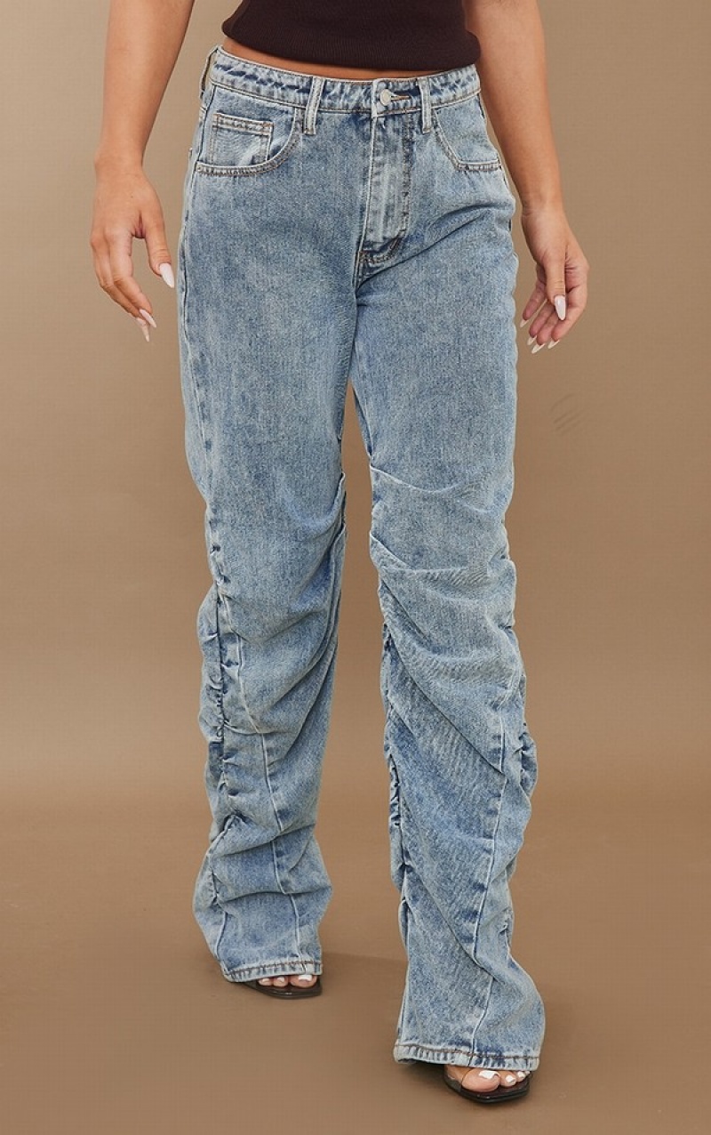 Blugi Pretty Little Thing Acid Wash Ruched Leg Drept Leg Albastri Albastru Deschis | AURN75986