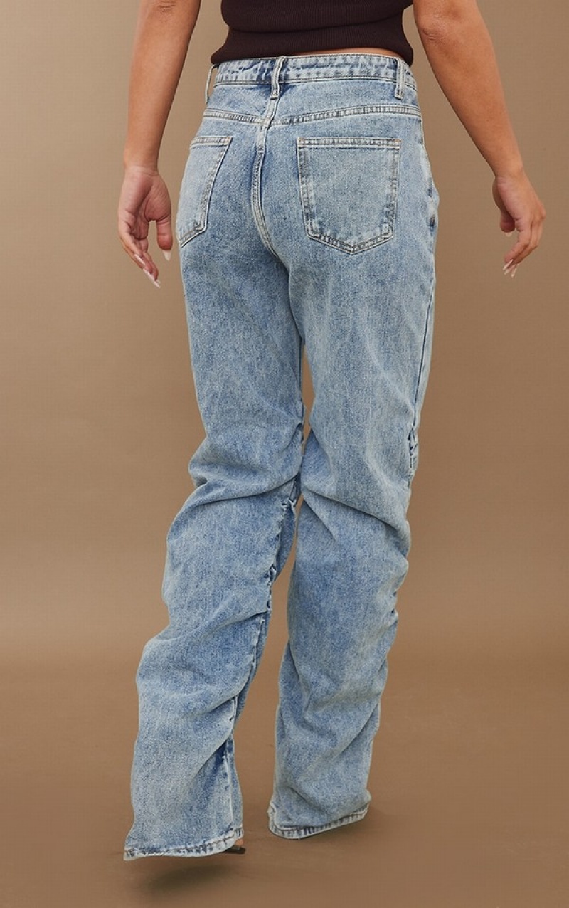Blugi Pretty Little Thing Acid Wash Ruched Leg Drept Leg Albastri Albastru Deschis | AURN75986