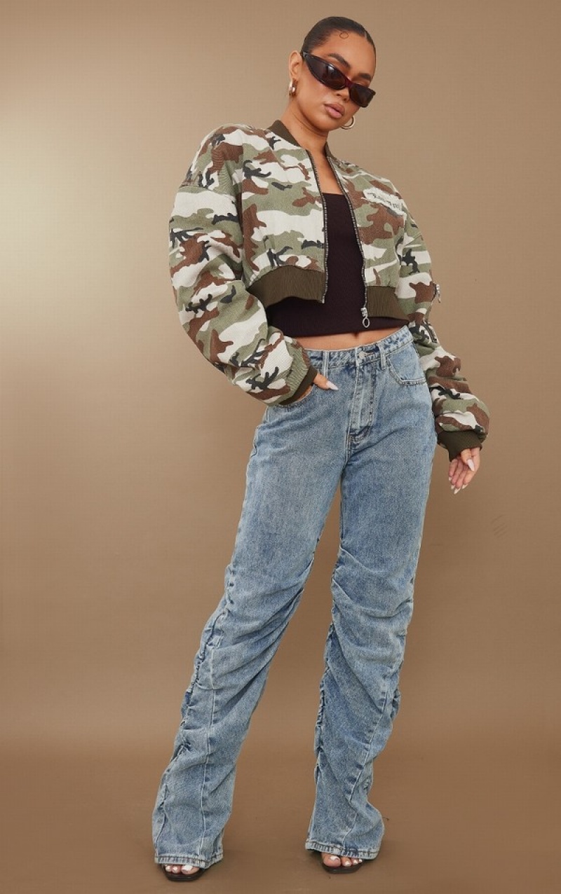 Blugi Pretty Little Thing Acid Wash Ruched Leg Drept Leg Albastri Albastru Deschis | AURN75986