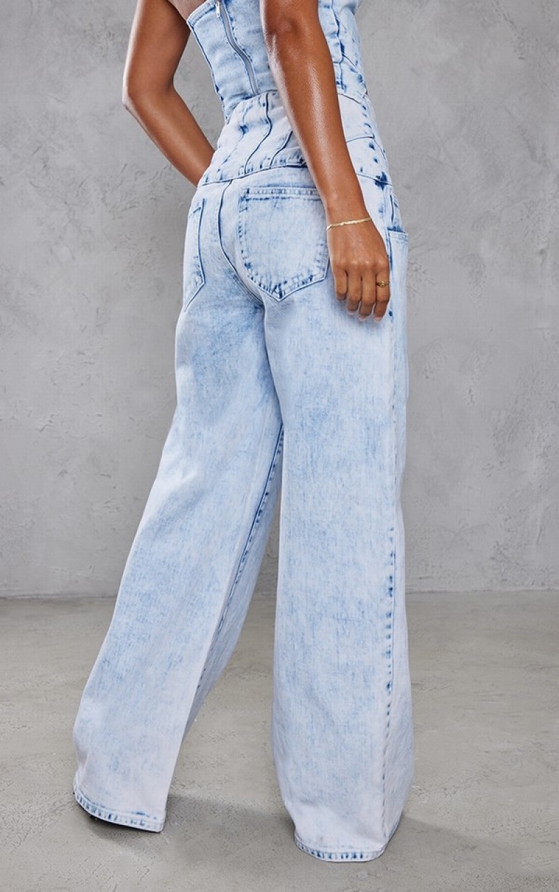 Blugi Pretty Little Thing Acid Wash Seam Detail Corset Talie Albastri Deschis Albastru Deschis | YFHP60319