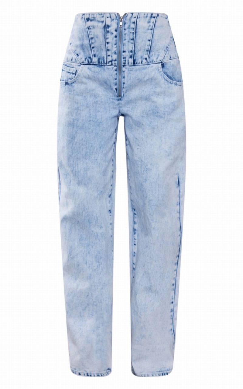 Blugi Pretty Little Thing Acid Wash Seam Detail Corset Talie Albastri Deschis Albastru Deschis | YFHP60319