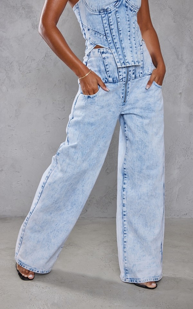 Blugi Pretty Little Thing Acid Wash Seam Detail Corset Talie Albastri Deschis Albastru Deschis | YFHP60319