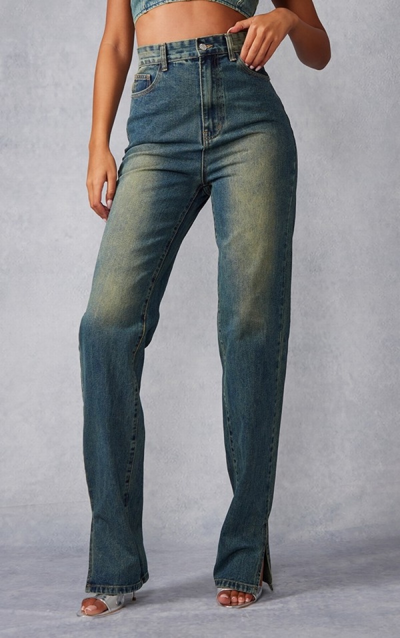 Blugi Pretty Little Thing Cizme Inalte Indigo Vintage Wash Split Hem Indigo Albastru Deschis | FLDG38204