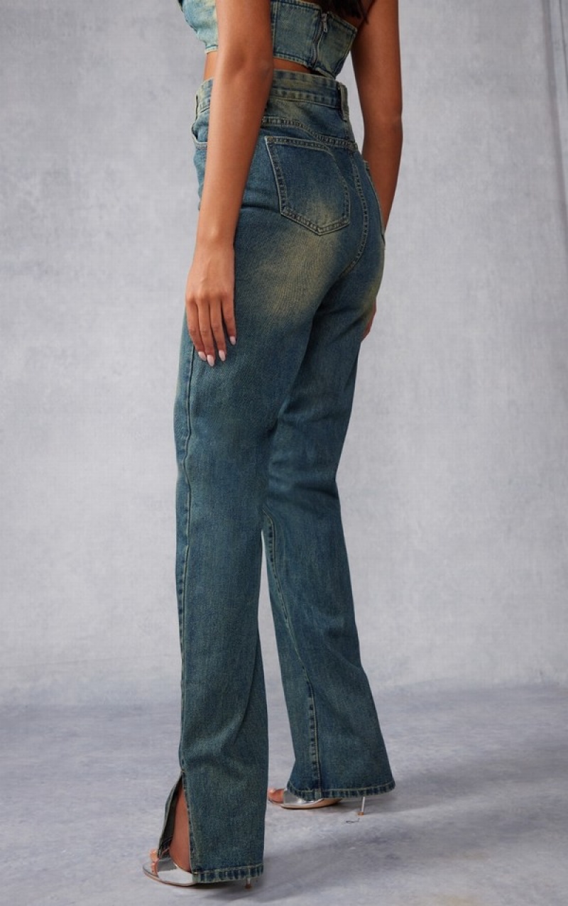 Blugi Pretty Little Thing Cizme Inalte Indigo Vintage Wash Split Hem Indigo Albastru Deschis | FLDG38204