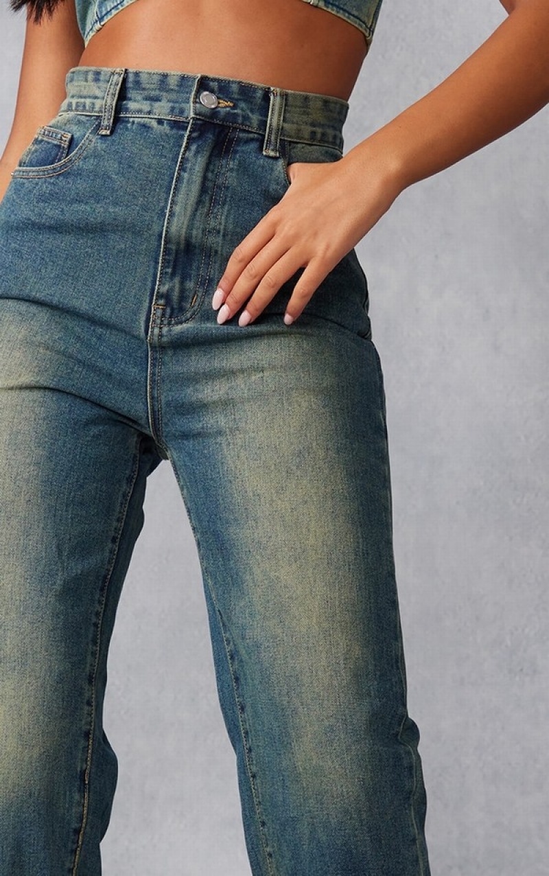 Blugi Pretty Little Thing Cizme Inalte Indigo Vintage Wash Split Hem Indigo Albastru Deschis | FLDG38204