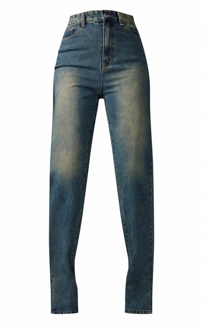 Blugi Pretty Little Thing Cizme Inalte Indigo Vintage Wash Split Hem Indigo Albastru Deschis | FLDG38204