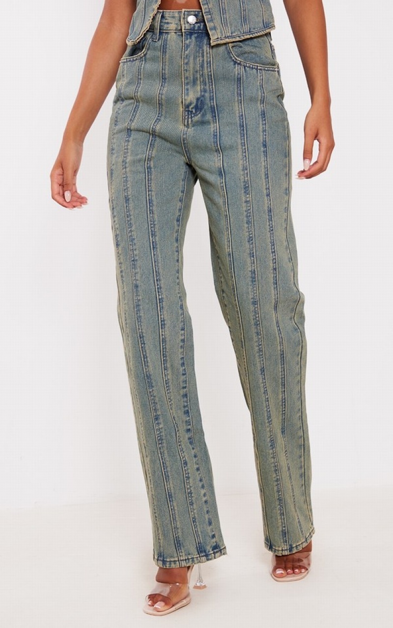 Blugi Pretty Little Thing Cizme Inalte Indigo Vintage Wash Paneled Seam Detail Indigo Albastru Deschis | YISD78203