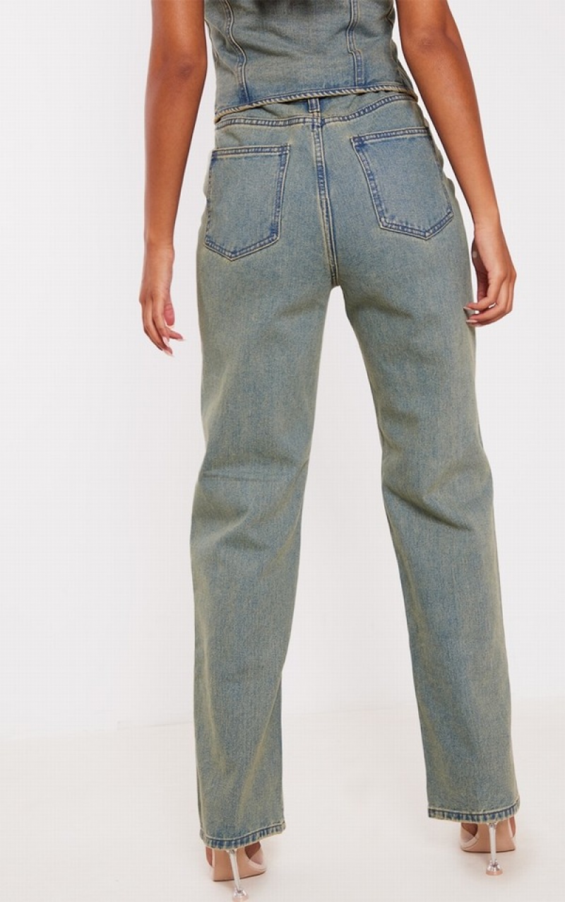 Blugi Pretty Little Thing Cizme Inalte Indigo Vintage Wash Paneled Seam Detail Indigo Albastru Deschis | YISD78203