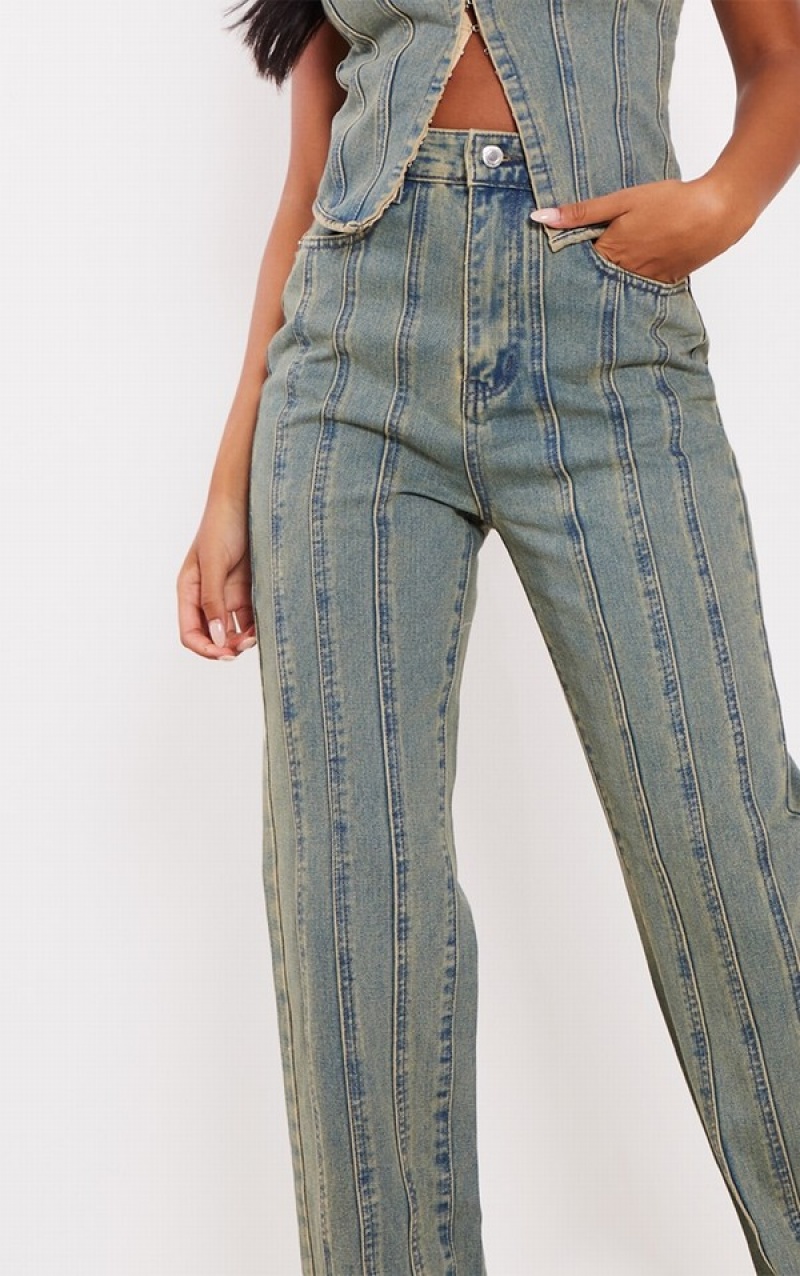 Blugi Pretty Little Thing Cizme Inalte Indigo Vintage Wash Paneled Seam Detail Indigo Albastru Deschis | YISD78203