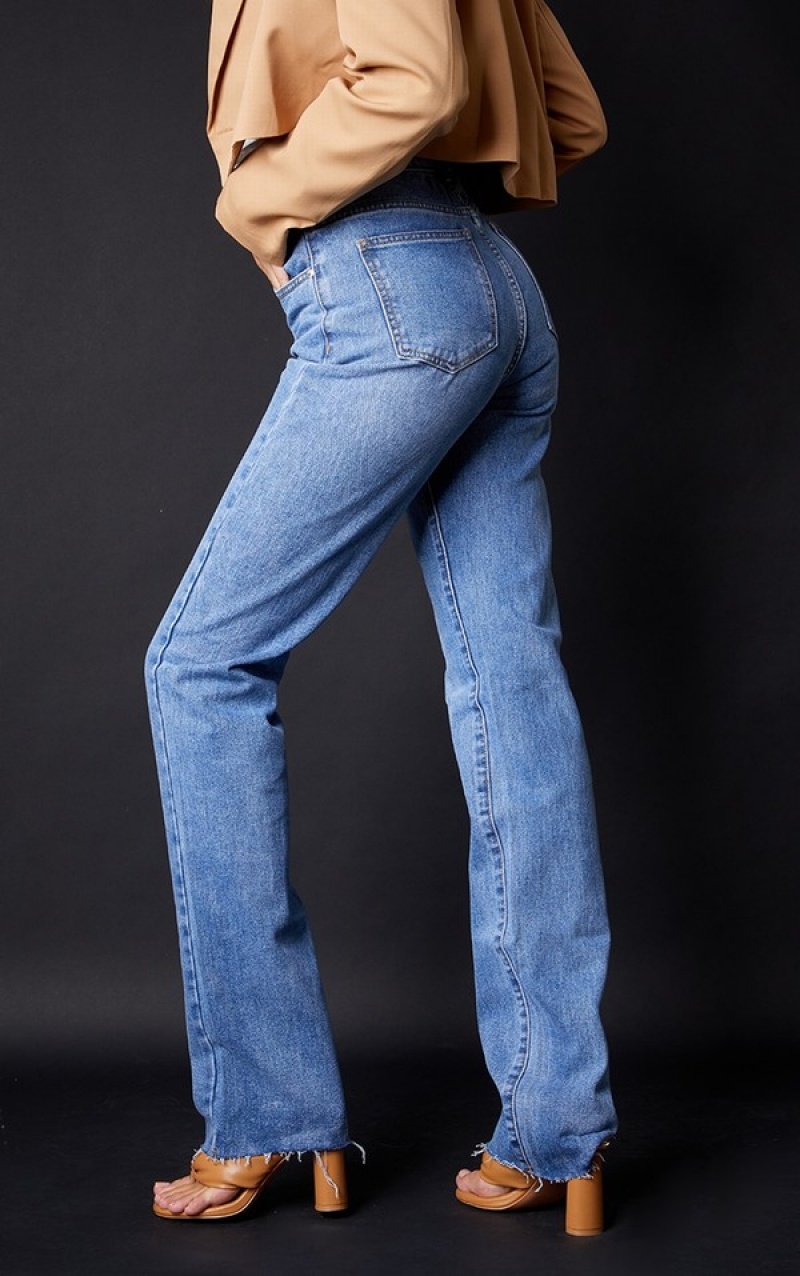 Blugi Pretty Little Thing Cizme Inalte Mid-High Wash Long Leg Drept Albastri Albastru Deschis | YUNB95384