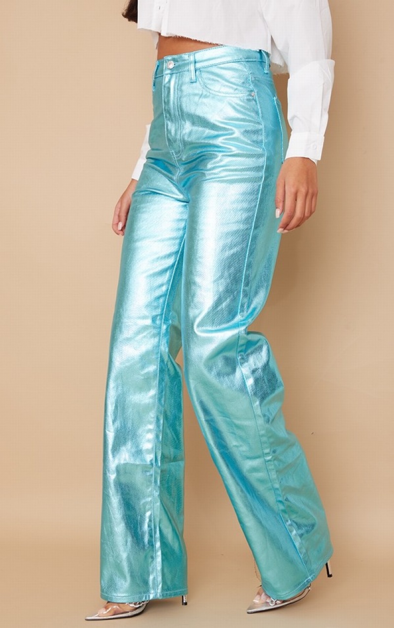 Blugi Pretty Little Thing Cizme Inalte Metallic Drept Leg Albastri | OVWT63027