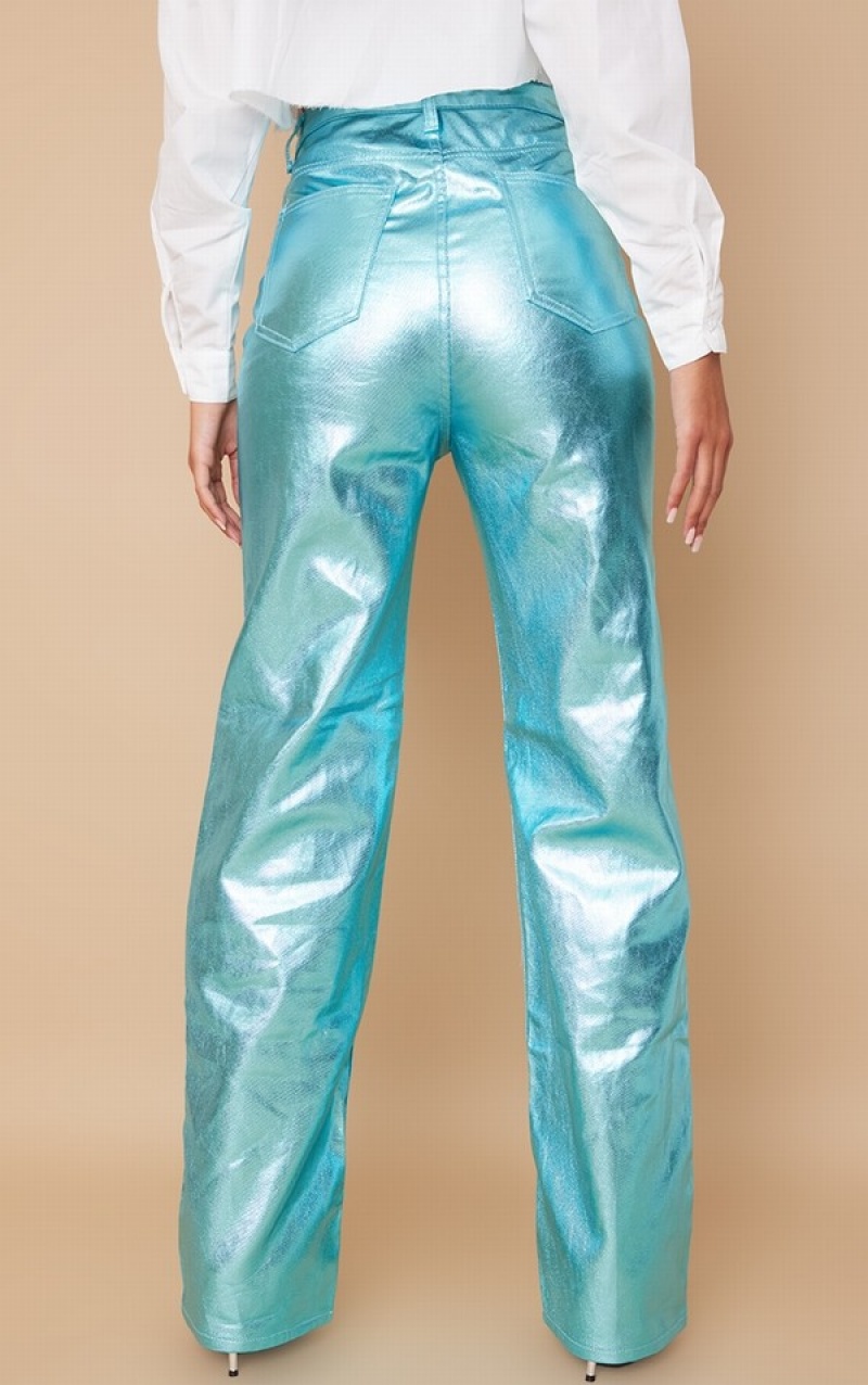 Blugi Pretty Little Thing Cizme Inalte Metallic Drept Leg Albastri | OVWT63027