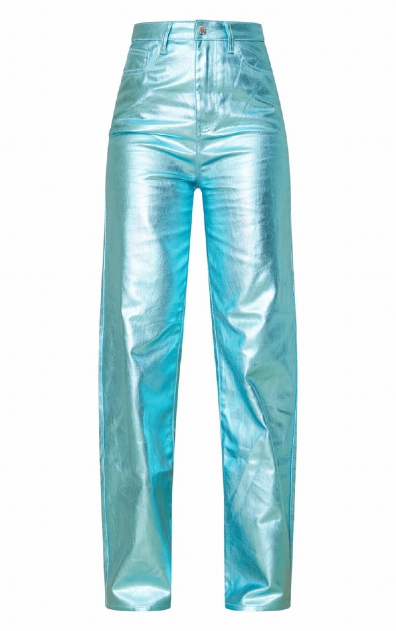 Blugi Pretty Little Thing Cizme Inalte Metallic Drept Leg Albastri | OVWT63027