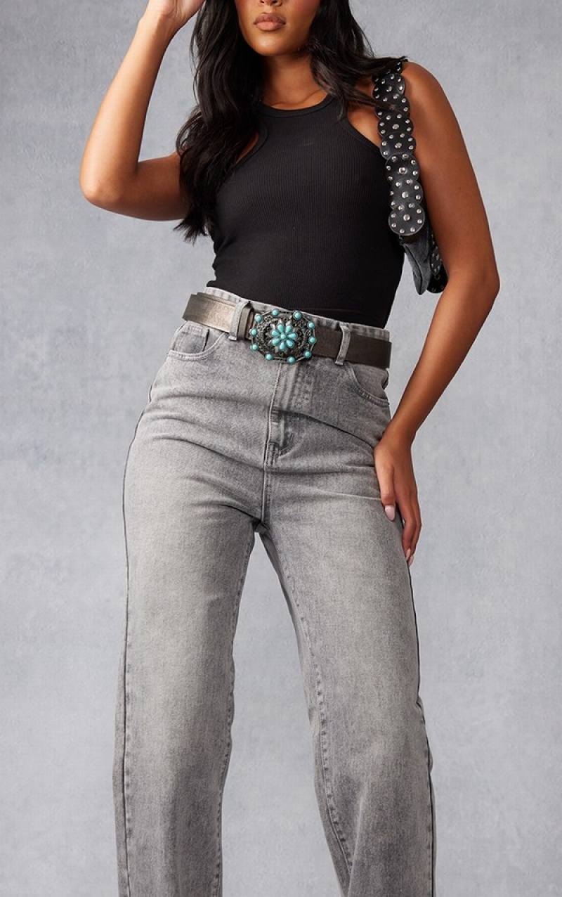 Blugi Pretty Little Thing Cizme Inalte Washed Split Hem Gri | CELS40529