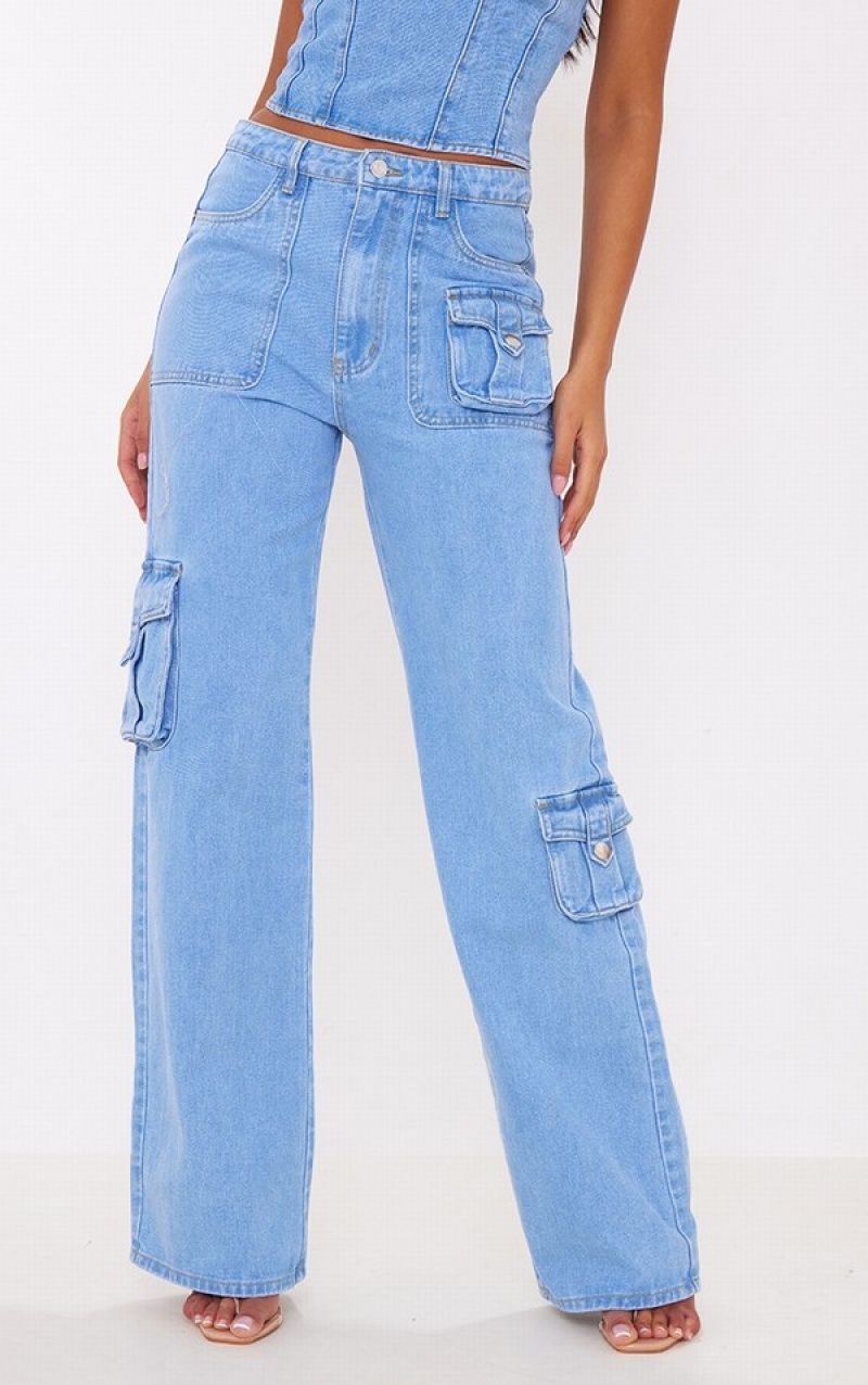 Blugi Pretty Little Thing Cizme Inalte Wash Cargo Albastri Deschis Albastru Deschis | NEXP29063