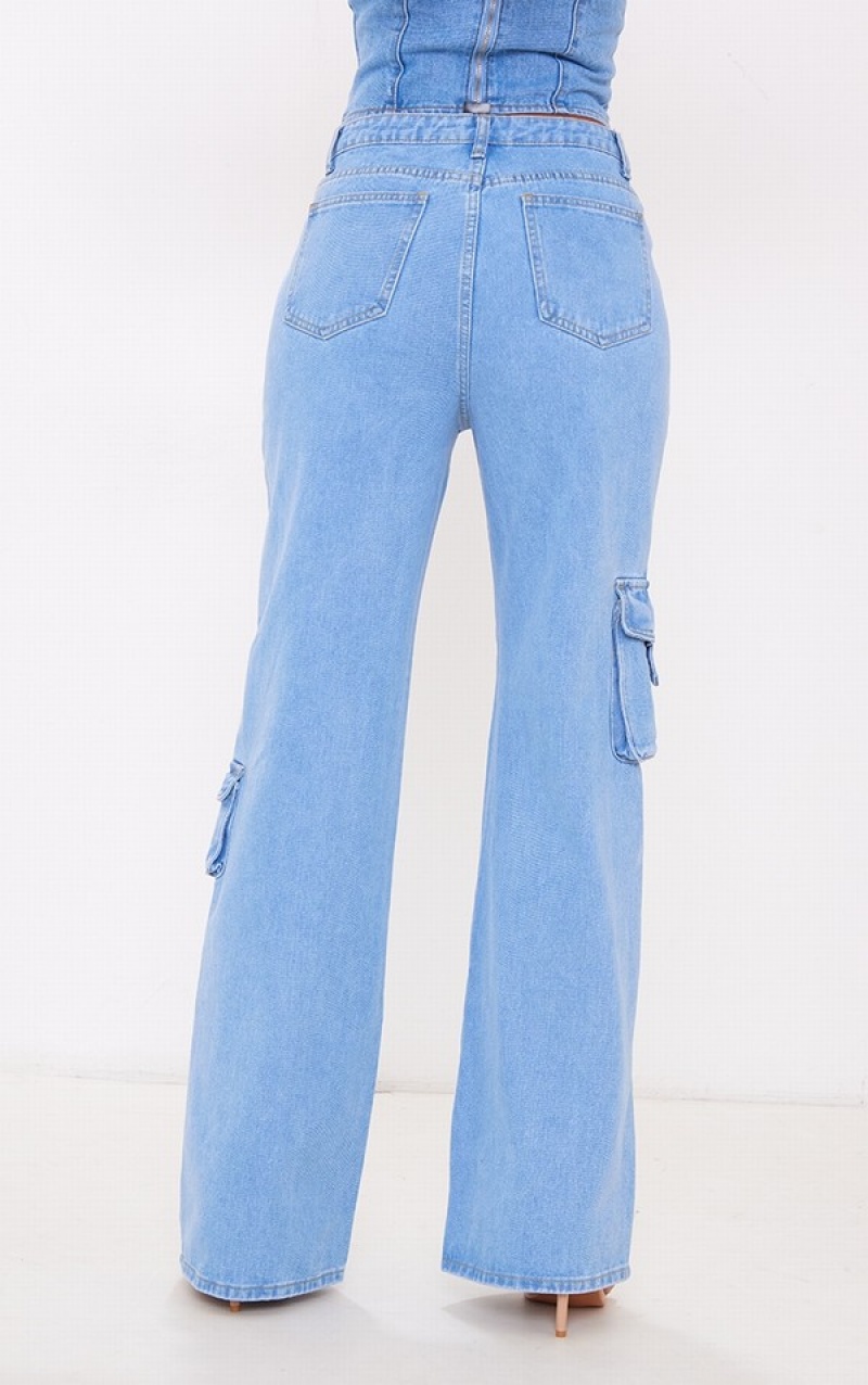 Blugi Pretty Little Thing Cizme Inalte Wash Cargo Albastri Deschis Albastru Deschis | NEXP29063