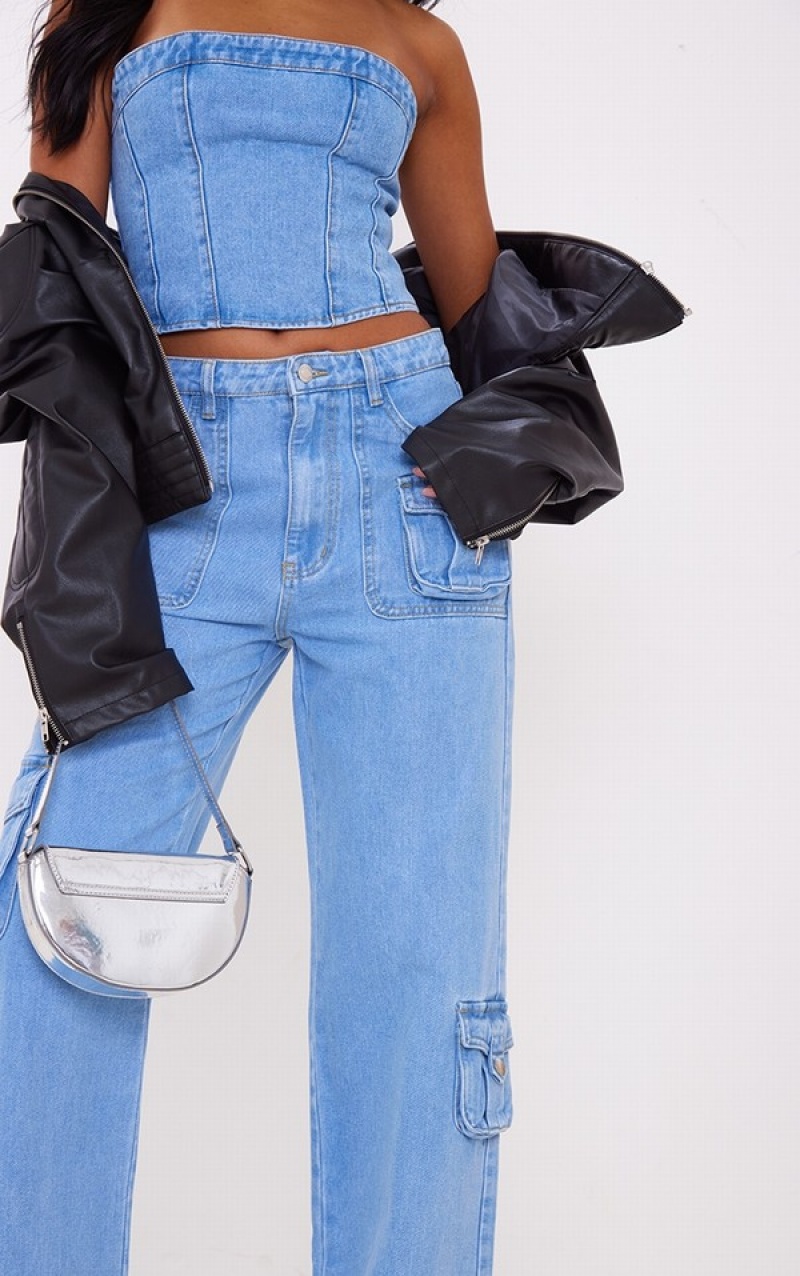 Blugi Pretty Little Thing Cizme Inalte Wash Cargo Albastri Deschis Albastru Deschis | NEXP29063