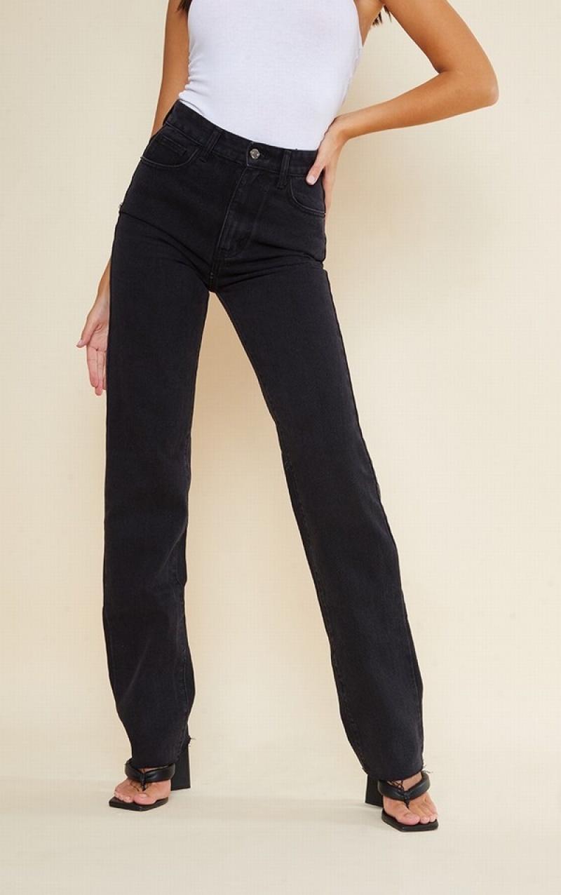Blugi Pretty Little Thing Cizme Inalte Washed Long Leg Drept Negrii | AMUI40291