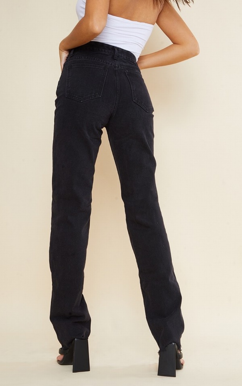 Blugi Pretty Little Thing Cizme Inalte Washed Long Leg Drept Negrii | AMUI40291