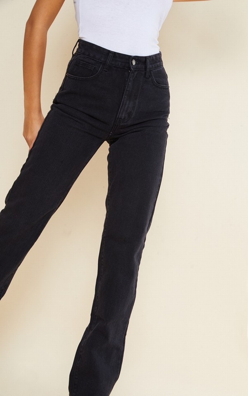 Blugi Pretty Little Thing Cizme Inalte Washed Long Leg Drept Negrii | AMUI40291