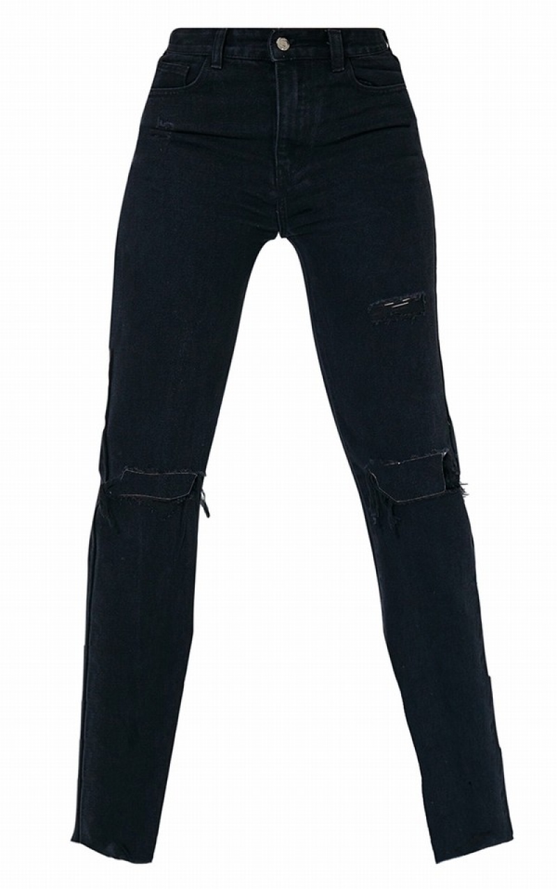 Blugi Pretty Little Thing Cizme Inalte Washed Long Leg Drept Negrii | AMUI40291
