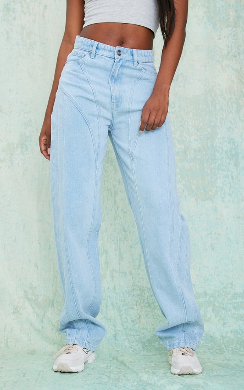 Blugi Pretty Little Thing Cizme Inalte Wash Seam Detail Drept Albastri Deschis Albastru Deschis | MHUD67523