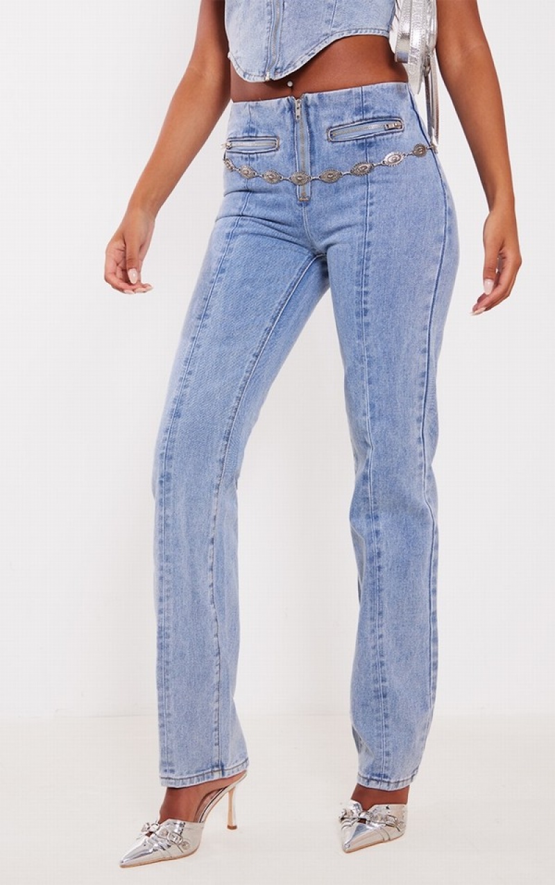 Blugi Pretty Little Thing Cizme Inalte Wash Zip Detail Drept Leg Albastri Deschis Albastru Deschis | GPDI29183