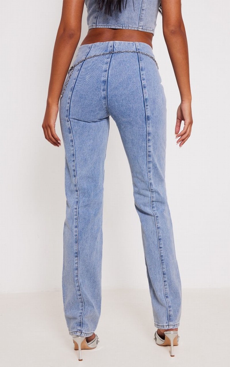 Blugi Pretty Little Thing Cizme Inalte Wash Zip Detail Drept Leg Albastri Deschis Albastru Deschis | GPDI29183