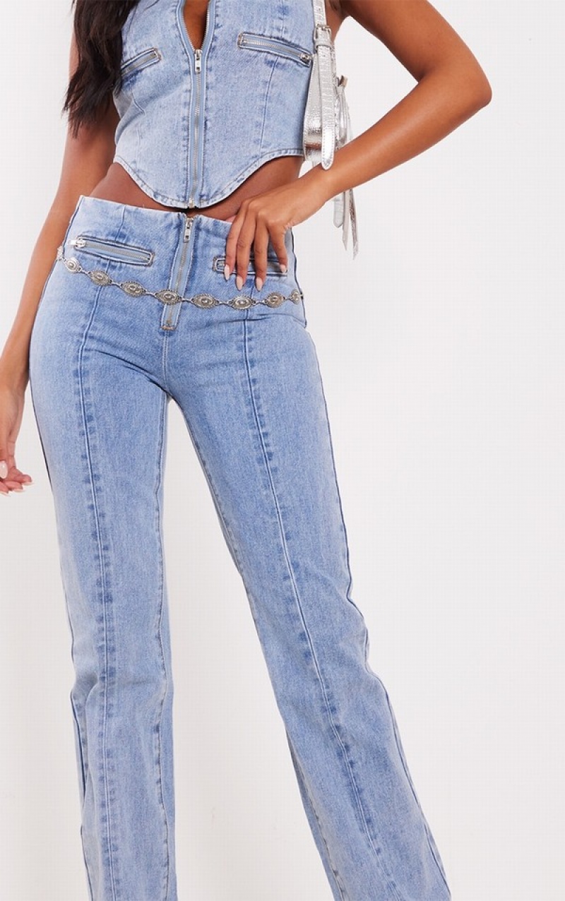 Blugi Pretty Little Thing Cizme Inalte Wash Zip Detail Drept Leg Albastri Deschis Albastru Deschis | GPDI29183