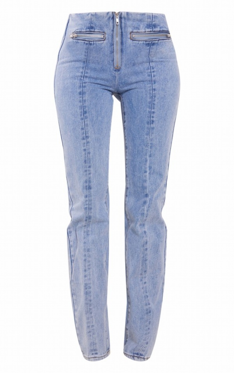 Blugi Pretty Little Thing Cizme Inalte Wash Zip Detail Drept Leg Albastri Deschis Albastru Deschis | GPDI29183