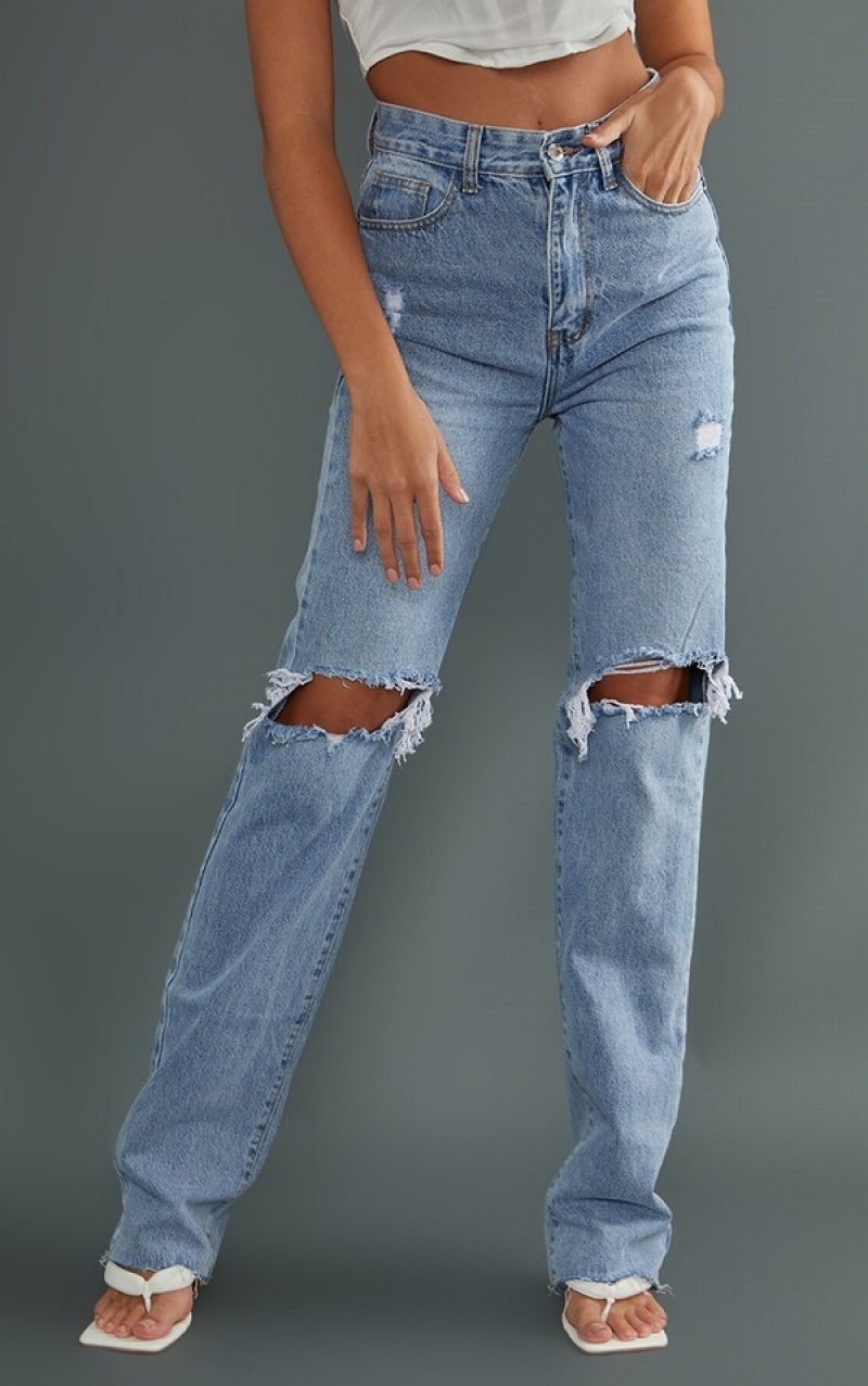 Blugi Pretty Little Thing Cizme Inalte Wash Extra Long Ripped Drept Leg Albastri Deschis Albastru Deschis | YJHW90867