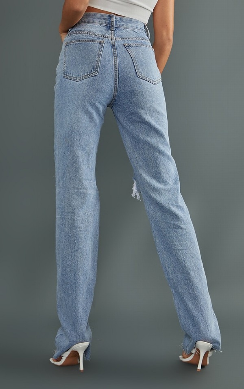 Blugi Pretty Little Thing Cizme Inalte Wash Extra Long Ripped Drept Leg Albastri Deschis Albastru Deschis | YJHW90867