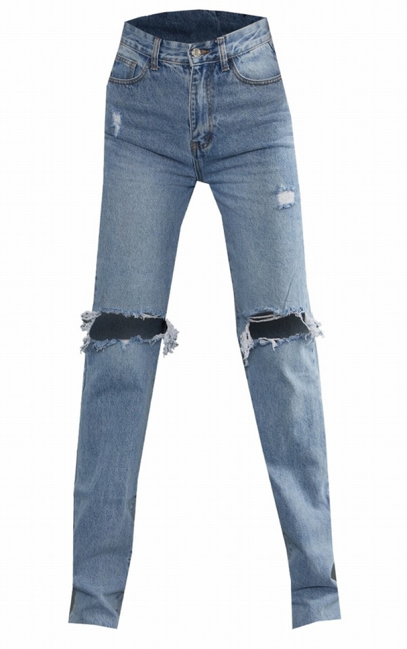 Blugi Pretty Little Thing Cizme Inalte Wash Extra Long Ripped Drept Leg Albastri Deschis Albastru Deschis | YJHW90867