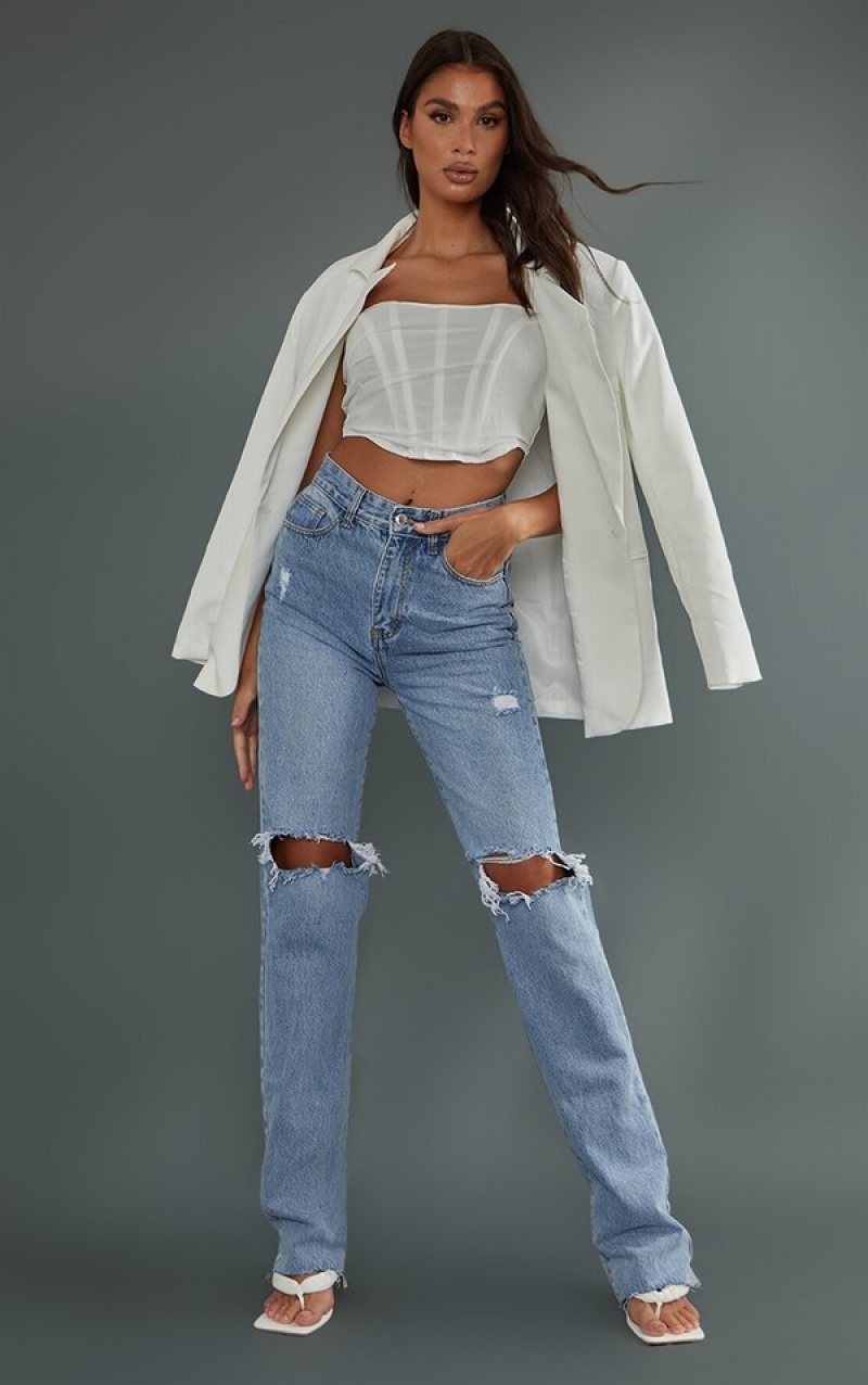 Blugi Pretty Little Thing Cizme Inalte Wash Extra Long Ripped Drept Leg Albastri Deschis Albastru Deschis | YJHW90867