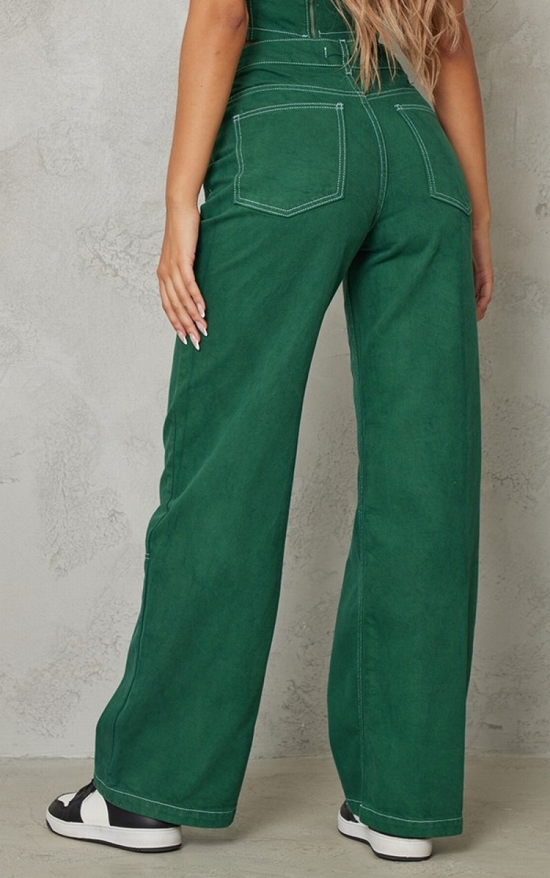 Blugi Pretty Little Thing Forest Contrast Stich Largi Leg Jean Verzi | XREQ87069