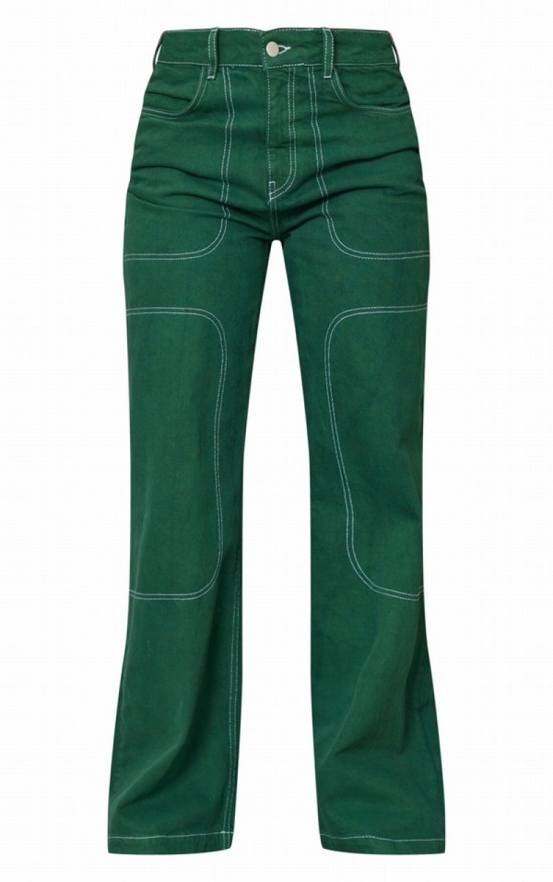 Blugi Pretty Little Thing Forest Contrast Stich Largi Leg Jean Verzi | XREQ87069