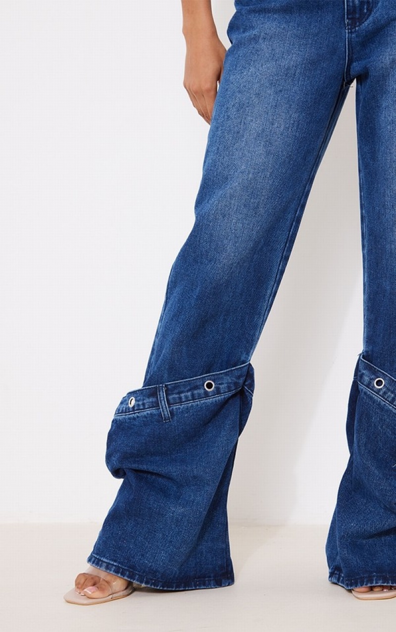 Blugi Pretty Little Thing Indigo Eyelet Detail gy Boyfriend Indigo Inchis | ZMQL06542
